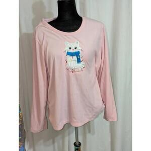 VTG Y2K Light Pink Fleece Ugly Christmas Sweater Of White Cat W/ X-Mas Lights Sz